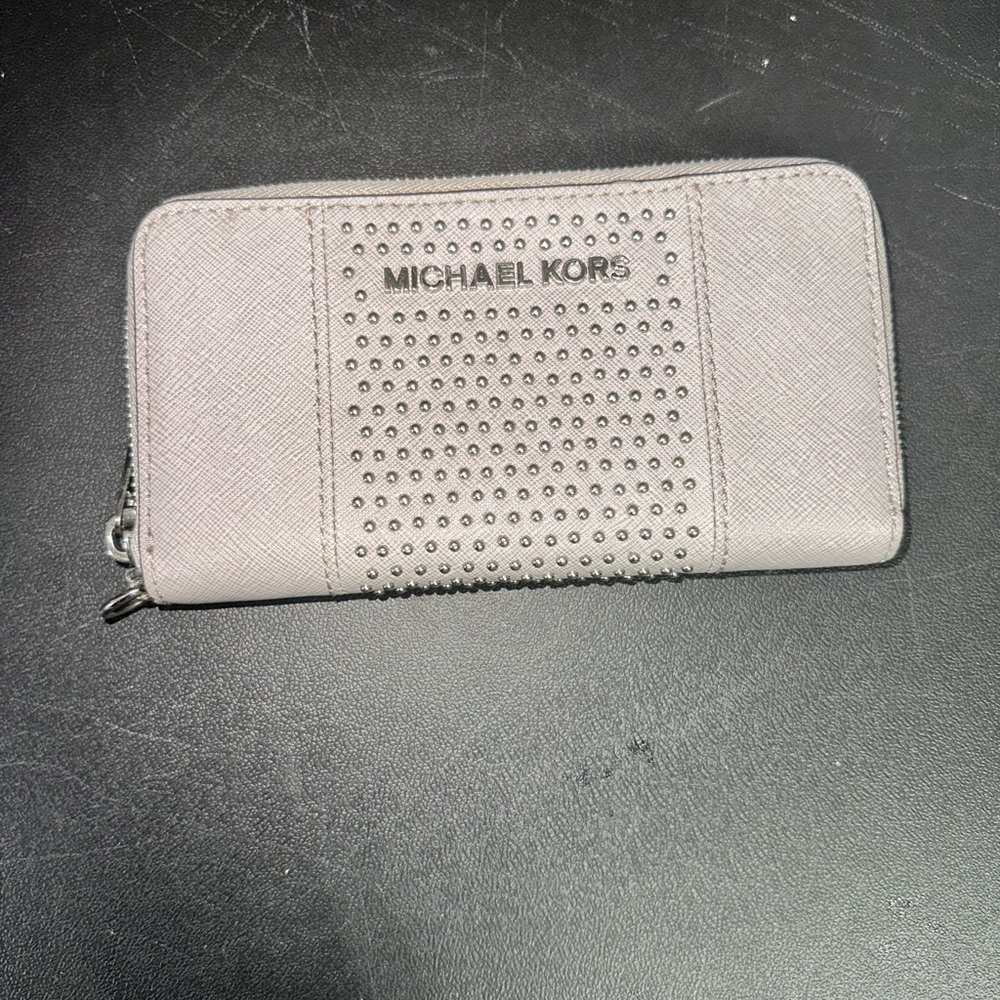 Michael Kors Light Gray Studded Zip Wallet